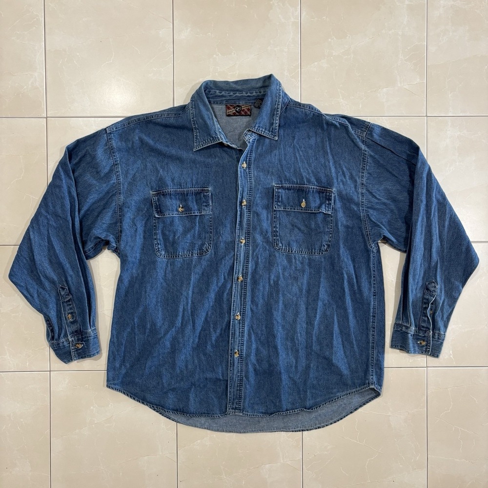 Vintage 90s Denim Button Shirt Men's XL Dark Blue Cotton Long Sleeve Y2K Skate